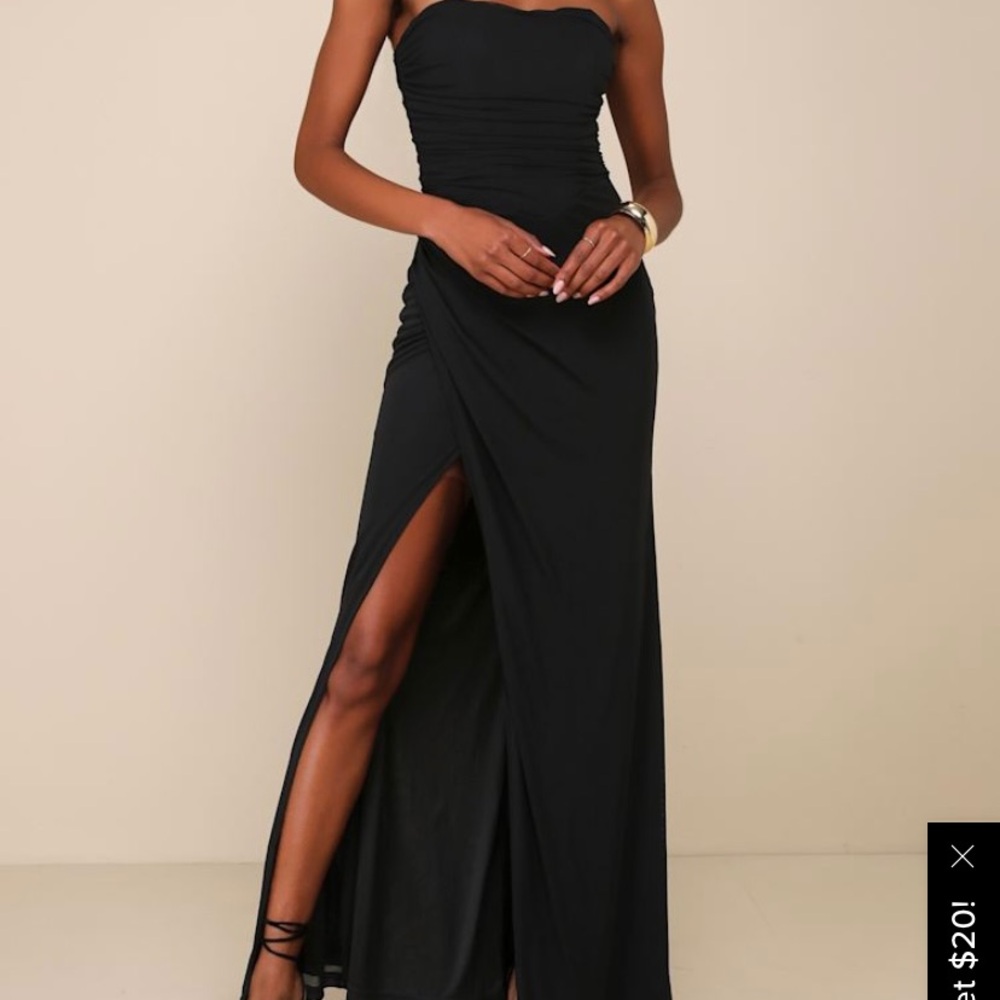 Lulu's Black Strapless Maxi Dress with Slit and Ruched Details - brand new